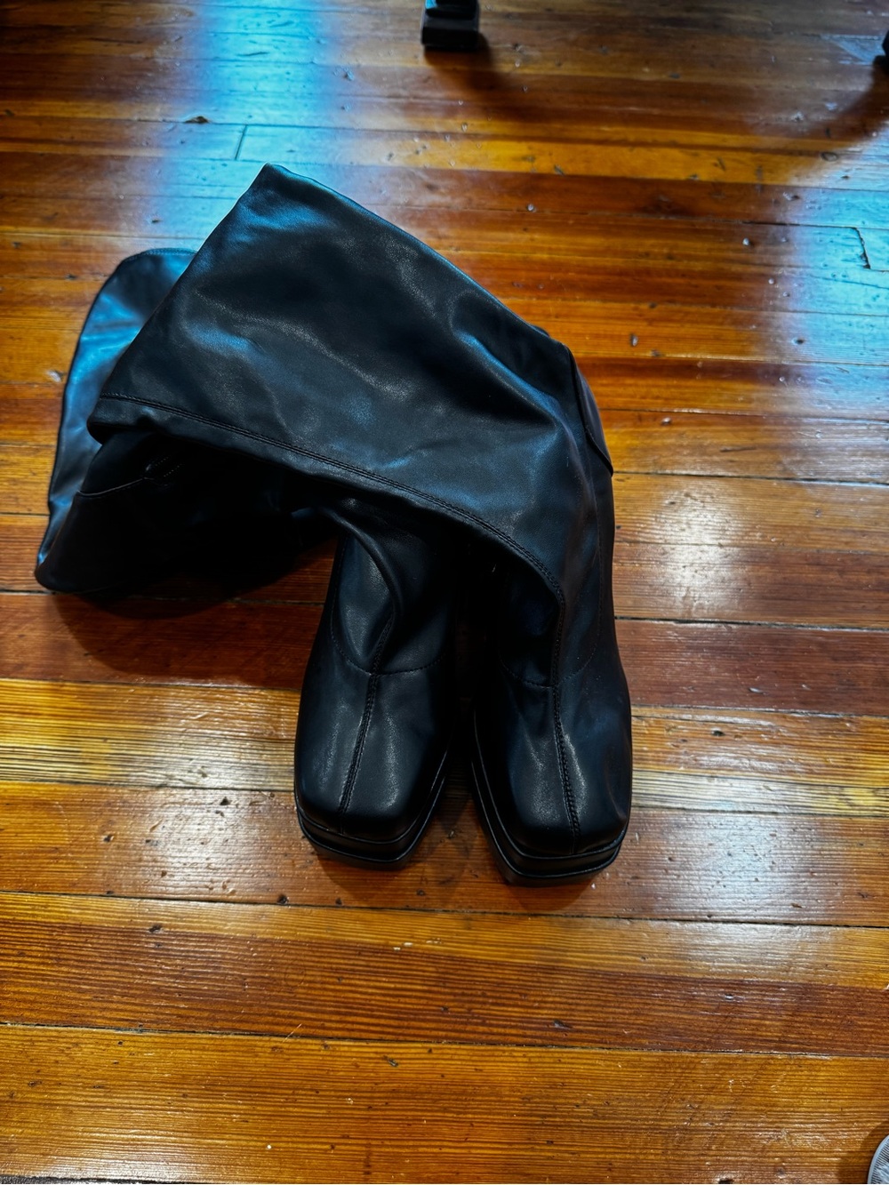 Black Over-the-Knee Square-Toe Faux Leather Boots